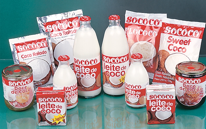 Embalagens Sococo de leite de coco, doce de coco, coco ralado e flocos de coco